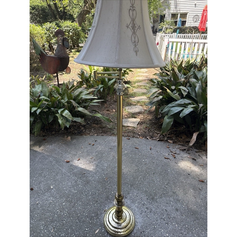 Vintage 61" Brass Swing Arm 3way Floor Lamp Adjustable Arm Linen Bell Shade